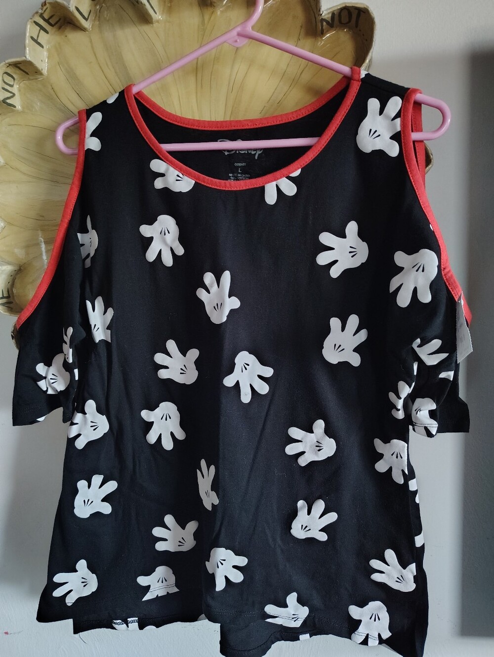 Disney Mickey Mouse Cold Shoulder Top Gloves Print Black White Red Trim Sz L